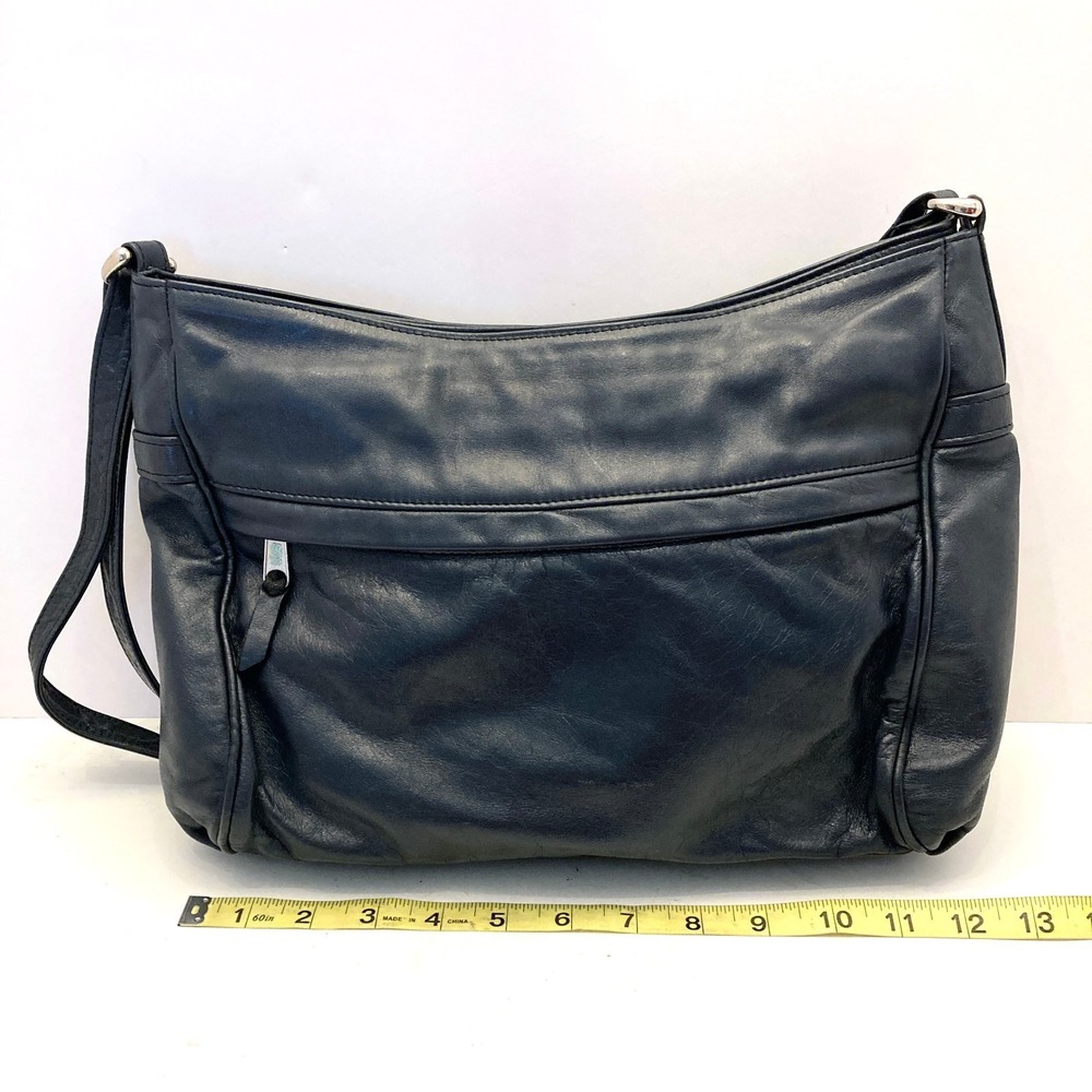 Vtg SAS Shoulder Bag Navy Blue Leather Purse Hand Sewn Made USA Pockets - Picture 6 of 13
